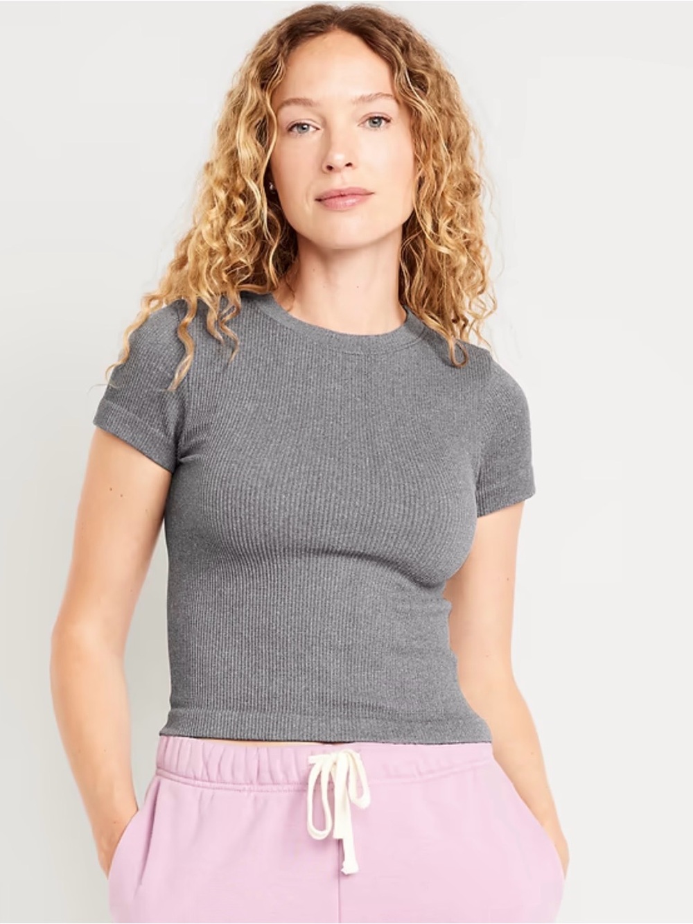 Old Navy Exhale Seamless Ribbed T-Shirt Gray Knit Womens S NWT Athletic Casual